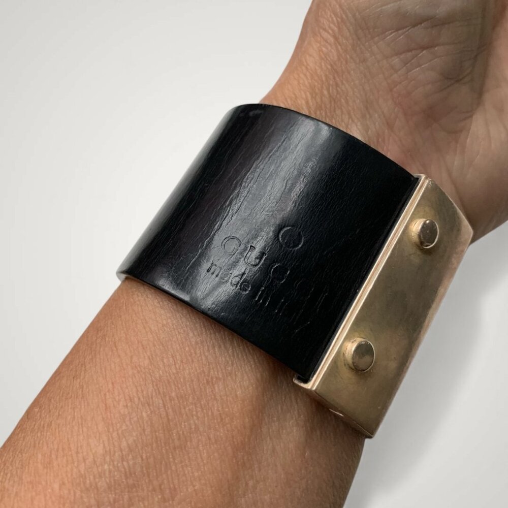 Gucci Black Leather Sterling Silver Bangle Cuff Bracelet